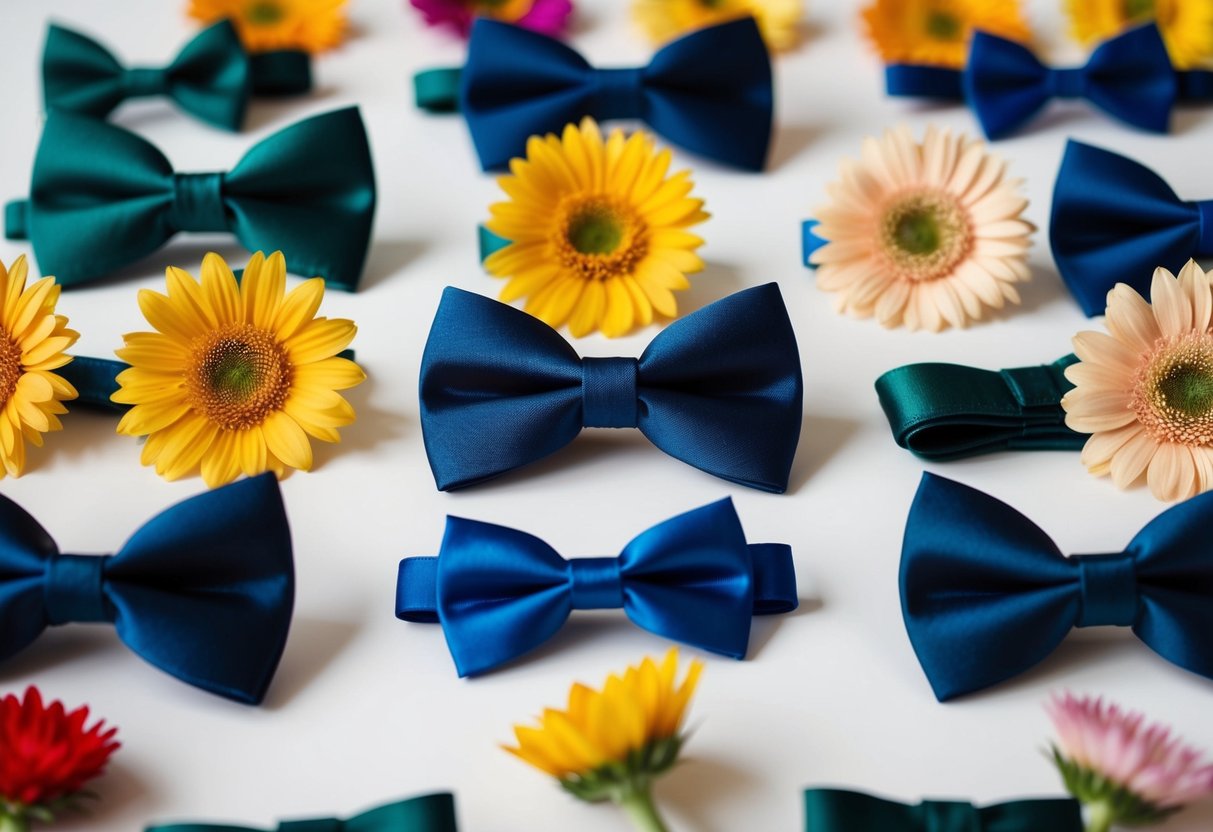 A group of mismatched objects, such as flowers and bowties, arranged in uneven numbers, with more bowties than flowers