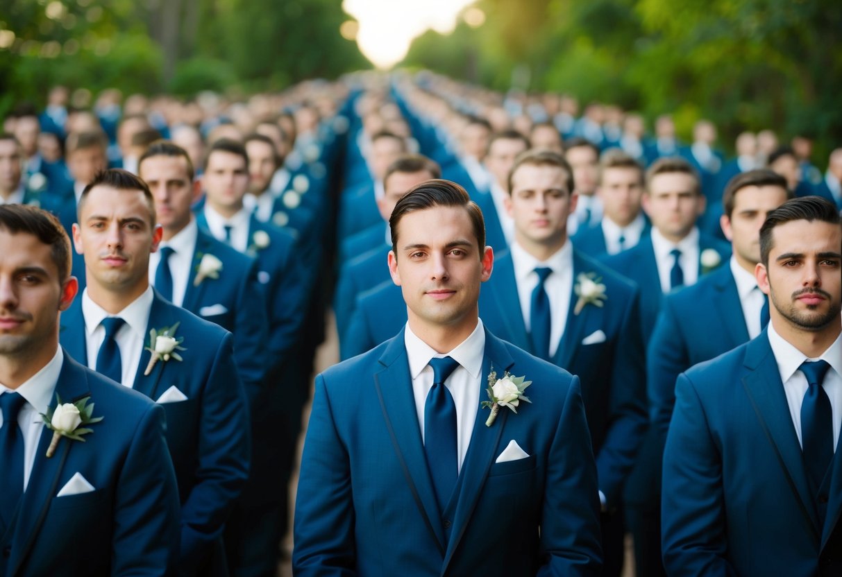 A line of identical suits, each with a boutonniere, stretches into the distance. The number of suits becomes overwhelming, indicating an excessive amount of groomsmen
