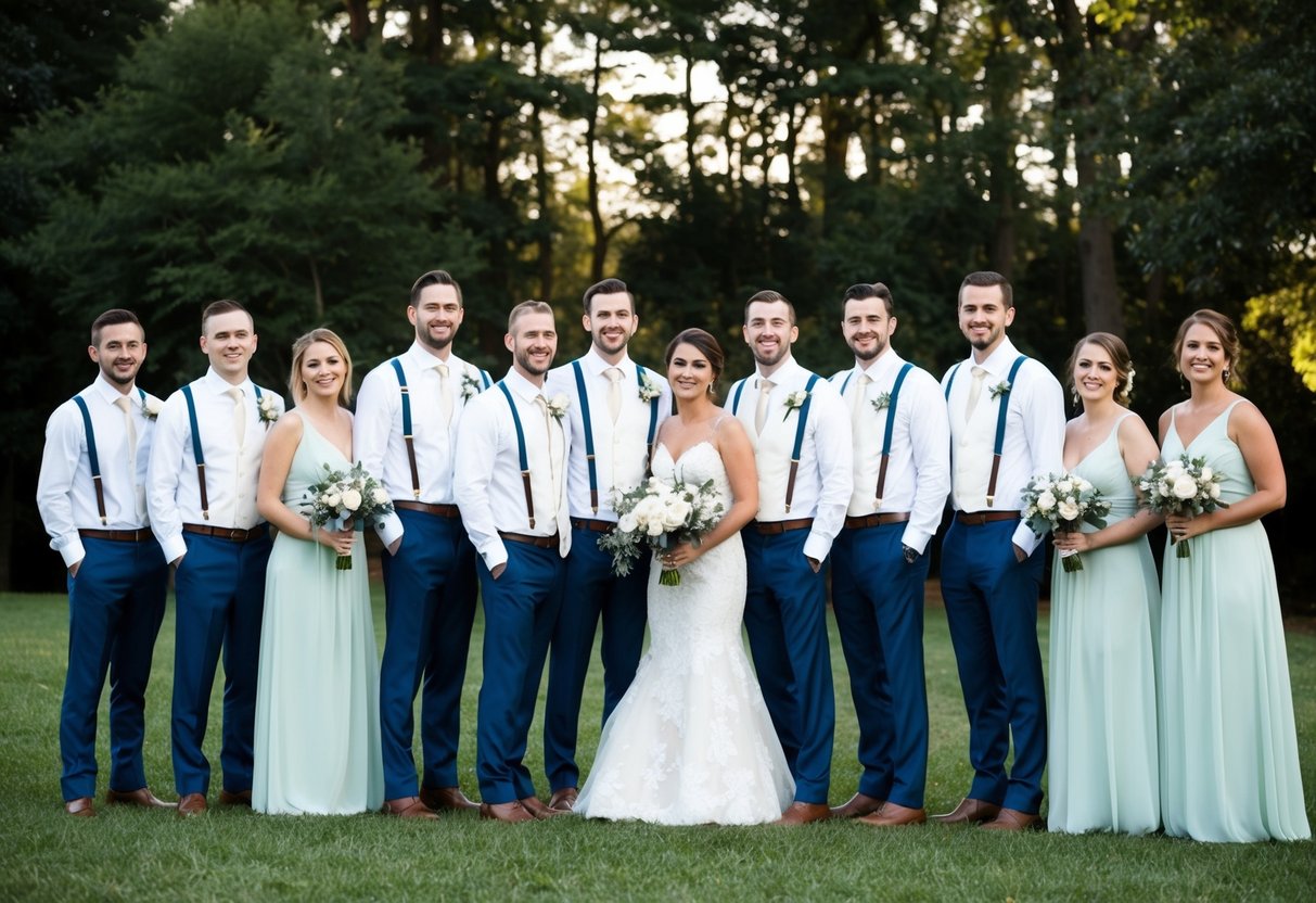 A group of groomsmen and bridesmaids standing together, with more groomsmen than bridesmaids, creating a slightly unbalanced but still harmonious scene