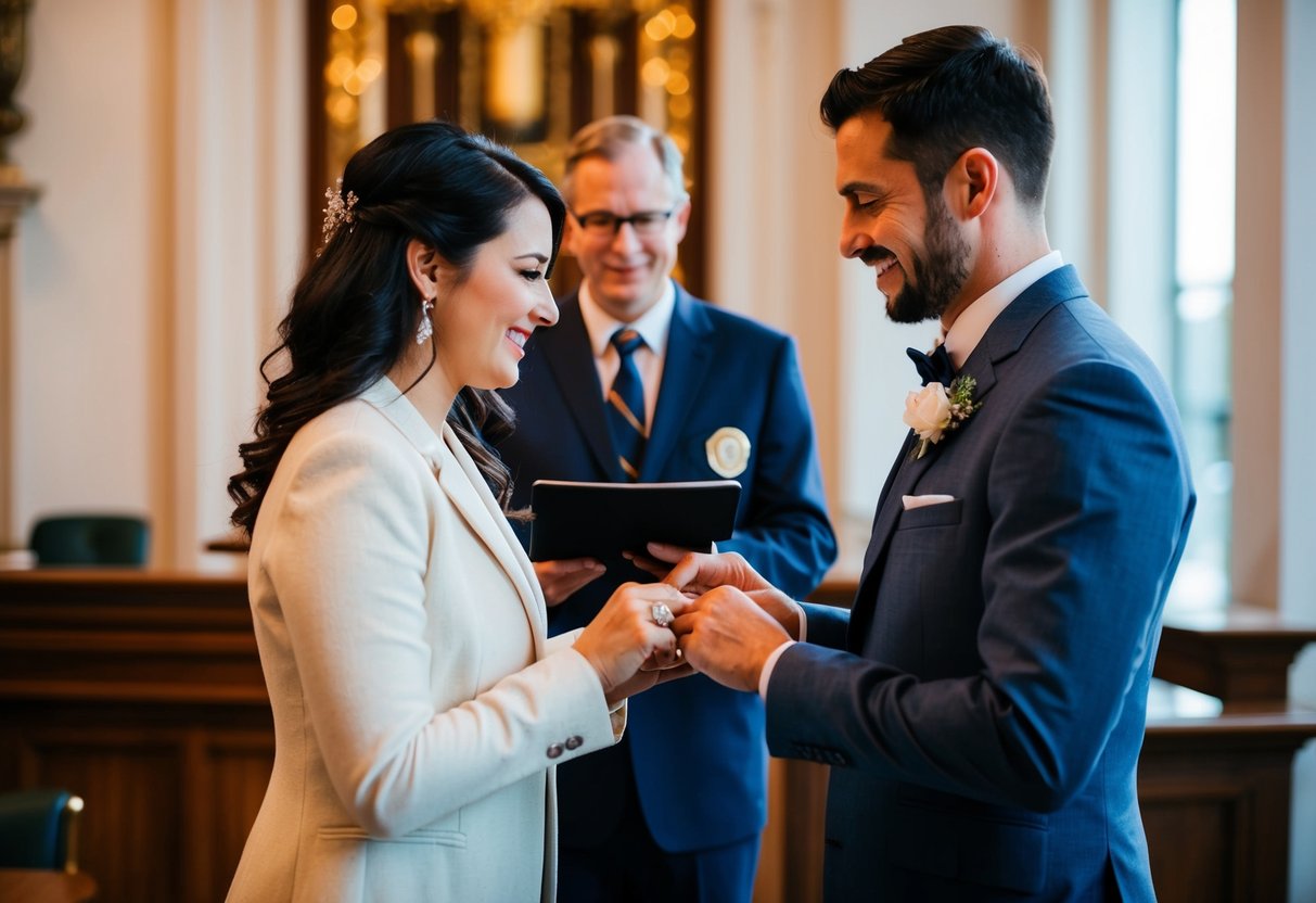 A couple exchanging rings in front of a registrar