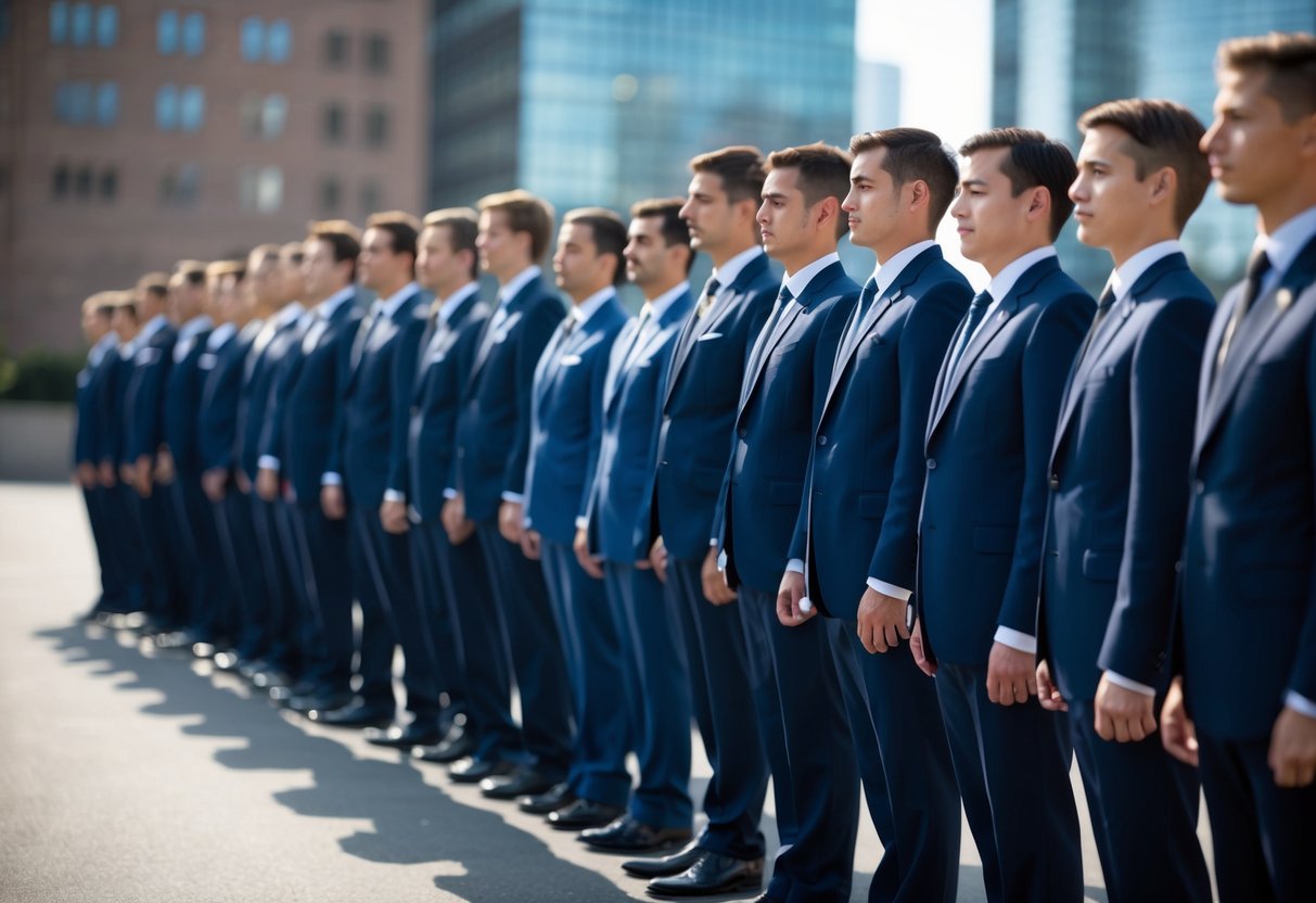 A line of figures in suits, varying in number, stand in a row, with the focus on the figure in the middle