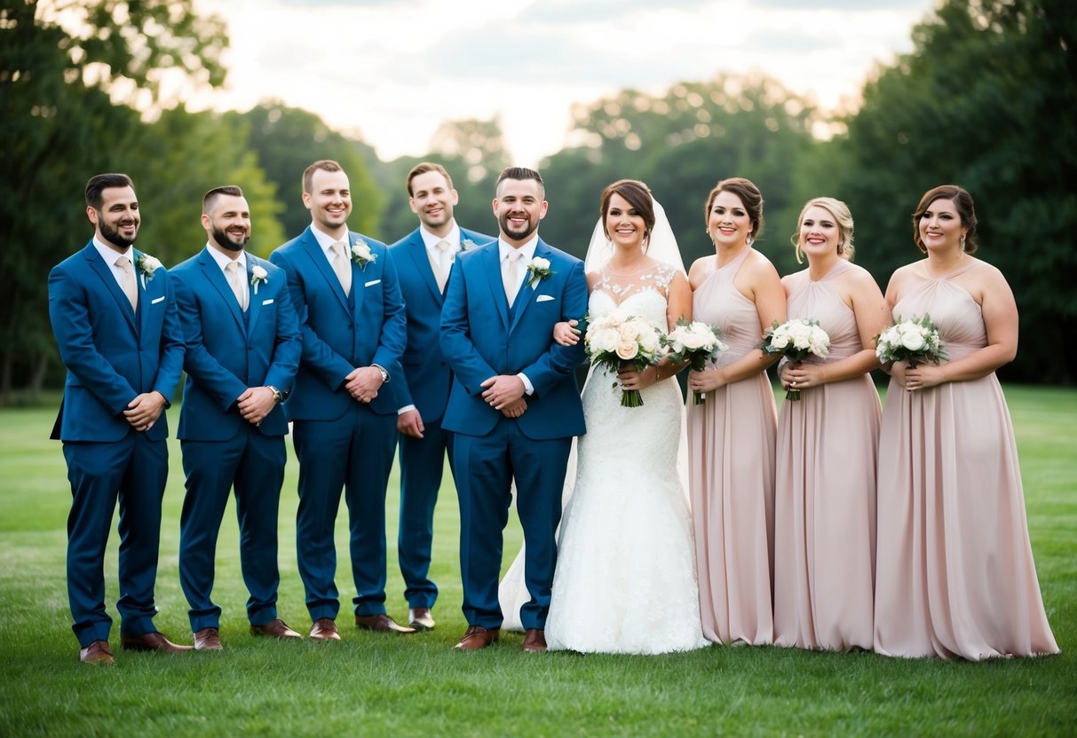 A group of groomsmen and bridesmaids stand in a line, with more groomsmen than bridesmaids. They are dressed in wedding attire and are smiling