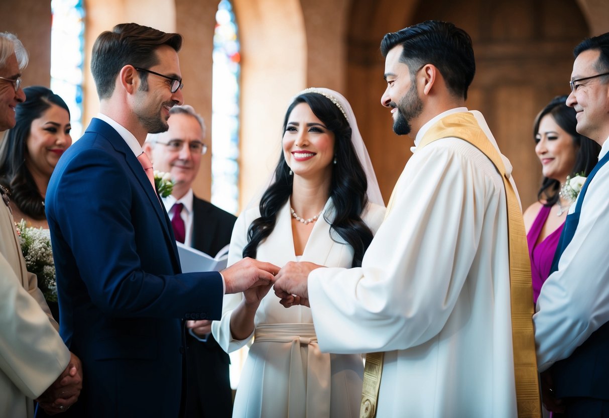 A couple exchanging vows in a traditional wedding ceremony, with the officiant and witnesses present