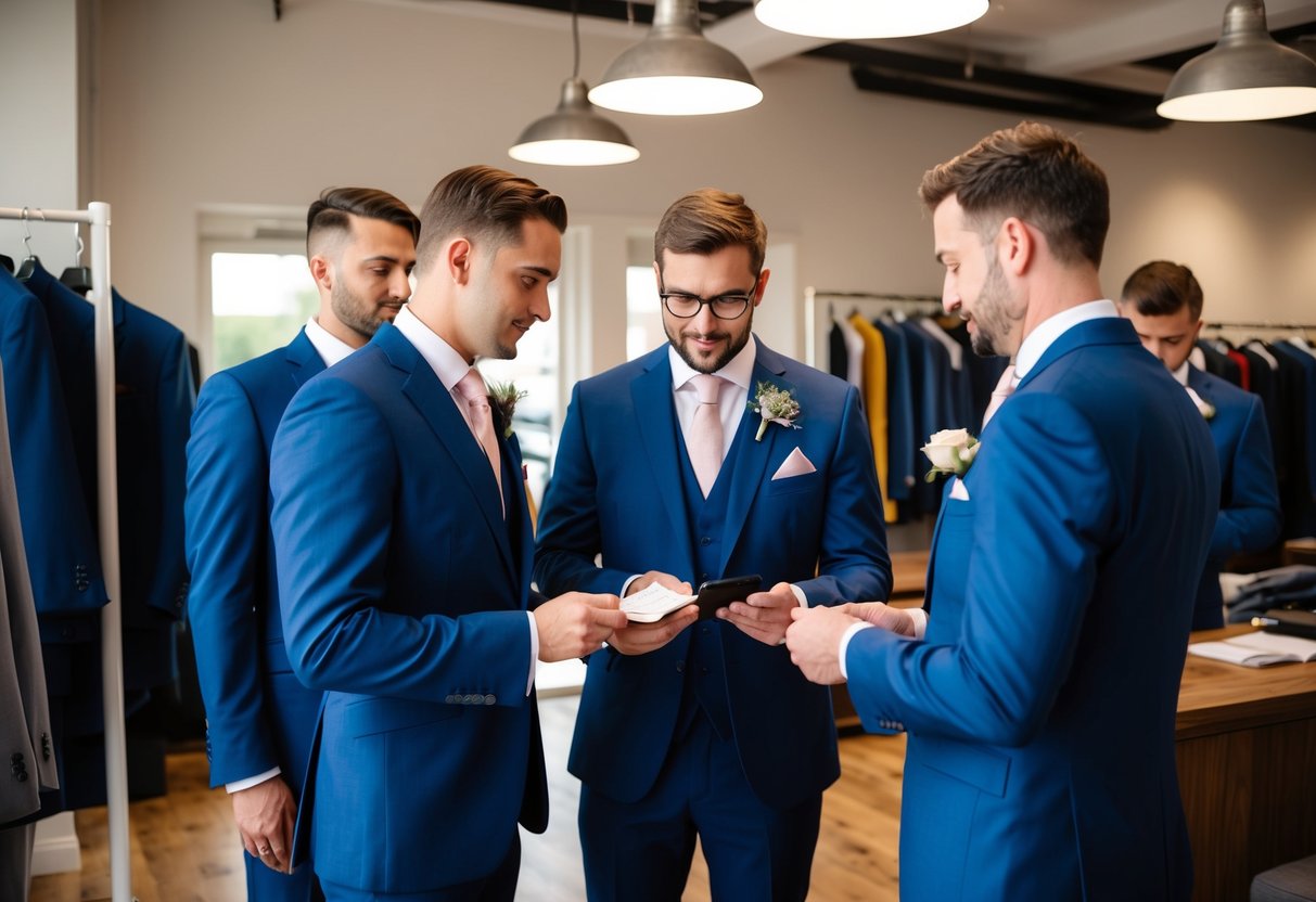 Groomsmen choosing suits at a tailor's shop in the UK, discussing options and making payments