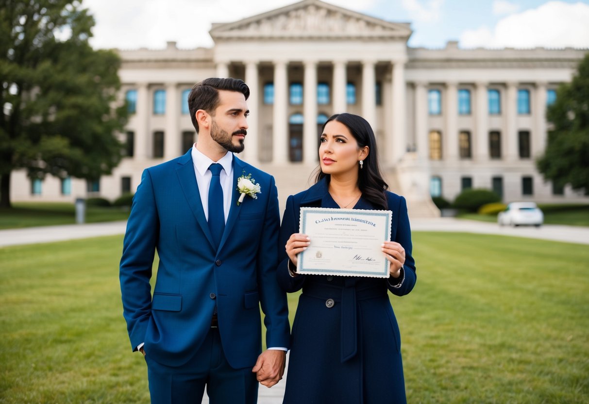 A couple standing in front of a government building, one holding a marriage certificate while the other looks concerned