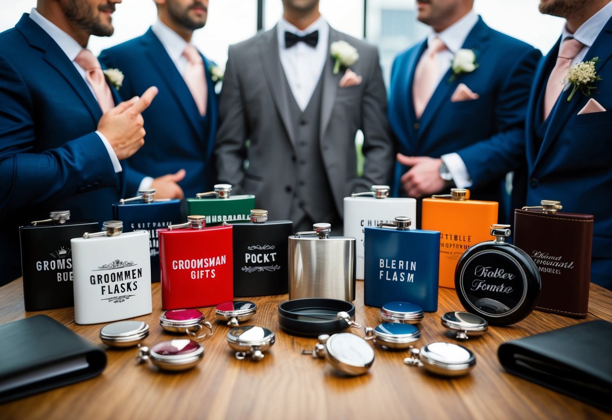 A table filled with various groomsmen gifts, from personalized flasks to engraved pocket watches, surrounded by undecided groomsman