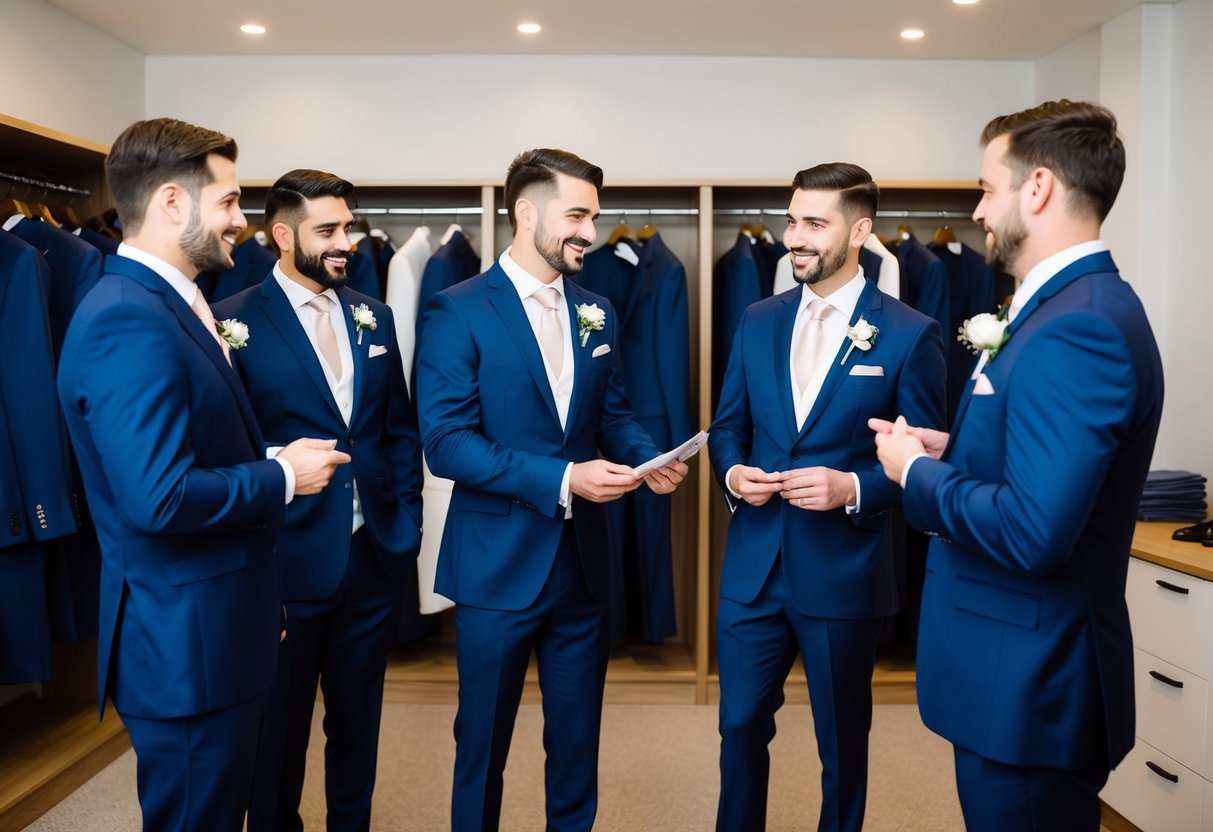A group of groomsmen standing in a formalwear shop, trying on suits and discussing payment with the shop assistant