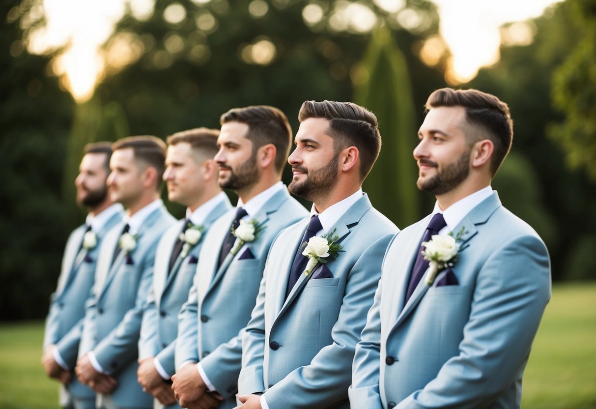 A group of groomsman standing in a line, wearing matching suits with elaborate boutonnieres and perfectly styled hair