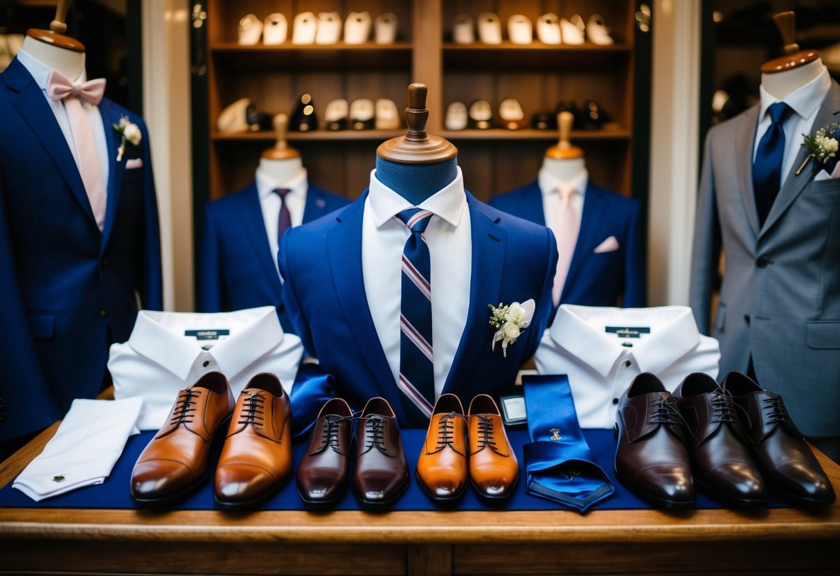 Groomsmen attire laid out with suits, shirts, ties, and shoes in a traditional UK menswear shop