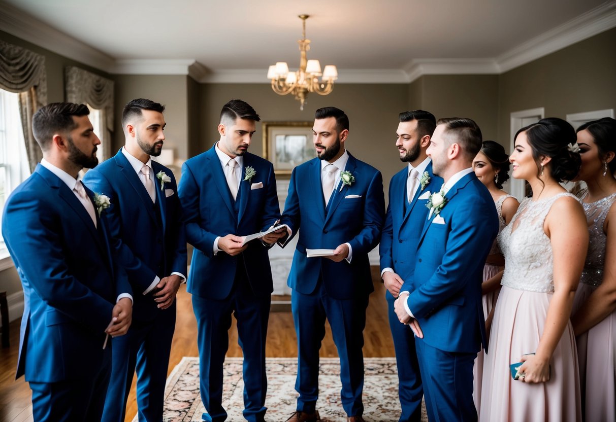 A group of groomsmen and bridesmaids stand in a formal setting, with the groomsmen wearing suits and the bridesmaids in matching dresses. The groomsmen appear to be discussing payment for their attire