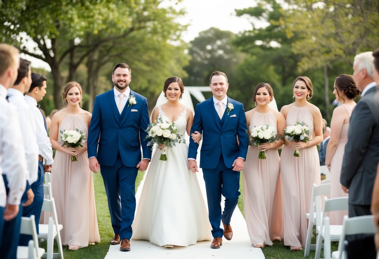 Groomsmen and bridesmaids walk down the aisle in pairs, alternating between the two groups