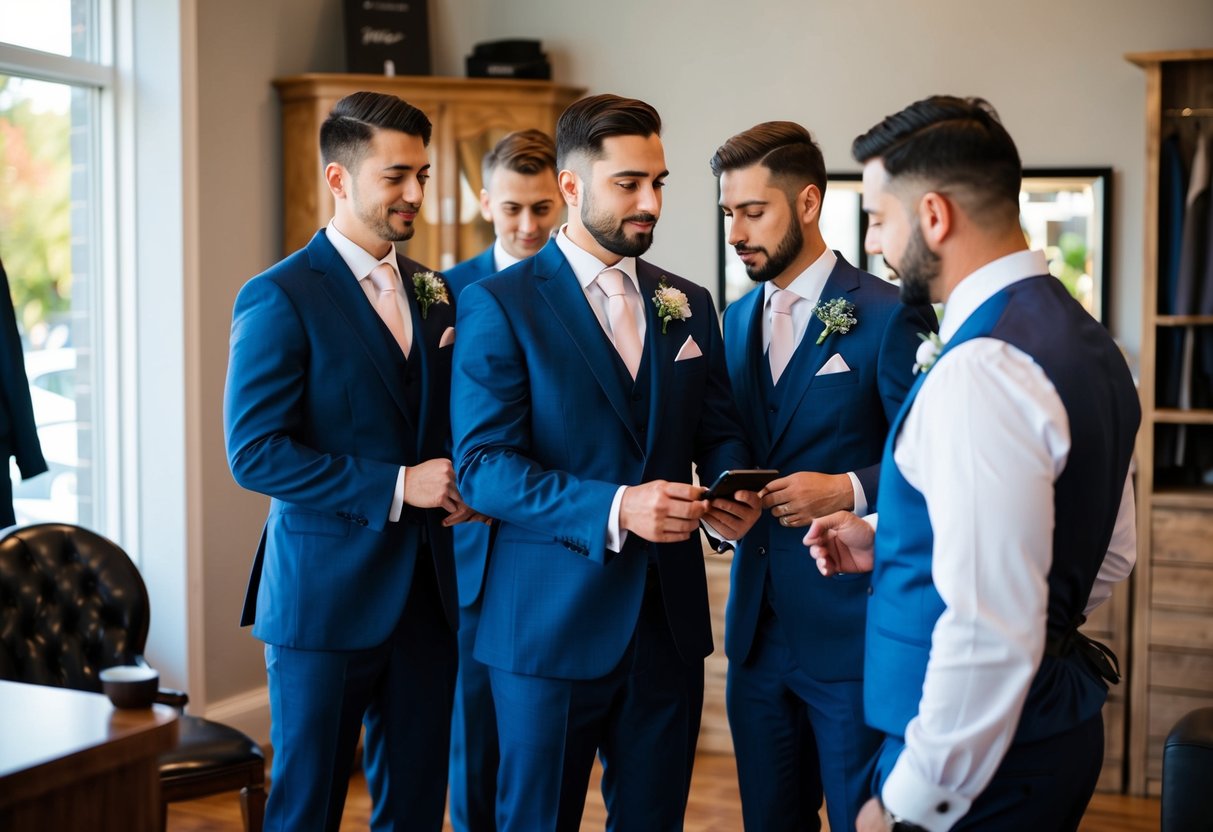 A group of groomsmen trying on suits in a tailor shop, discussing payment