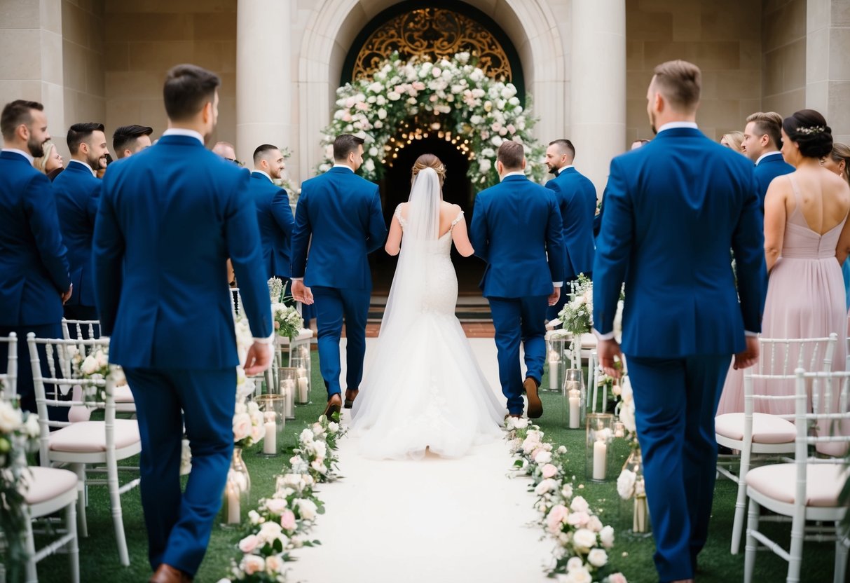 A grand entrance with groomsmen and bridesmaids walking in pairs down a flower-lined aisle towards a decorative archway