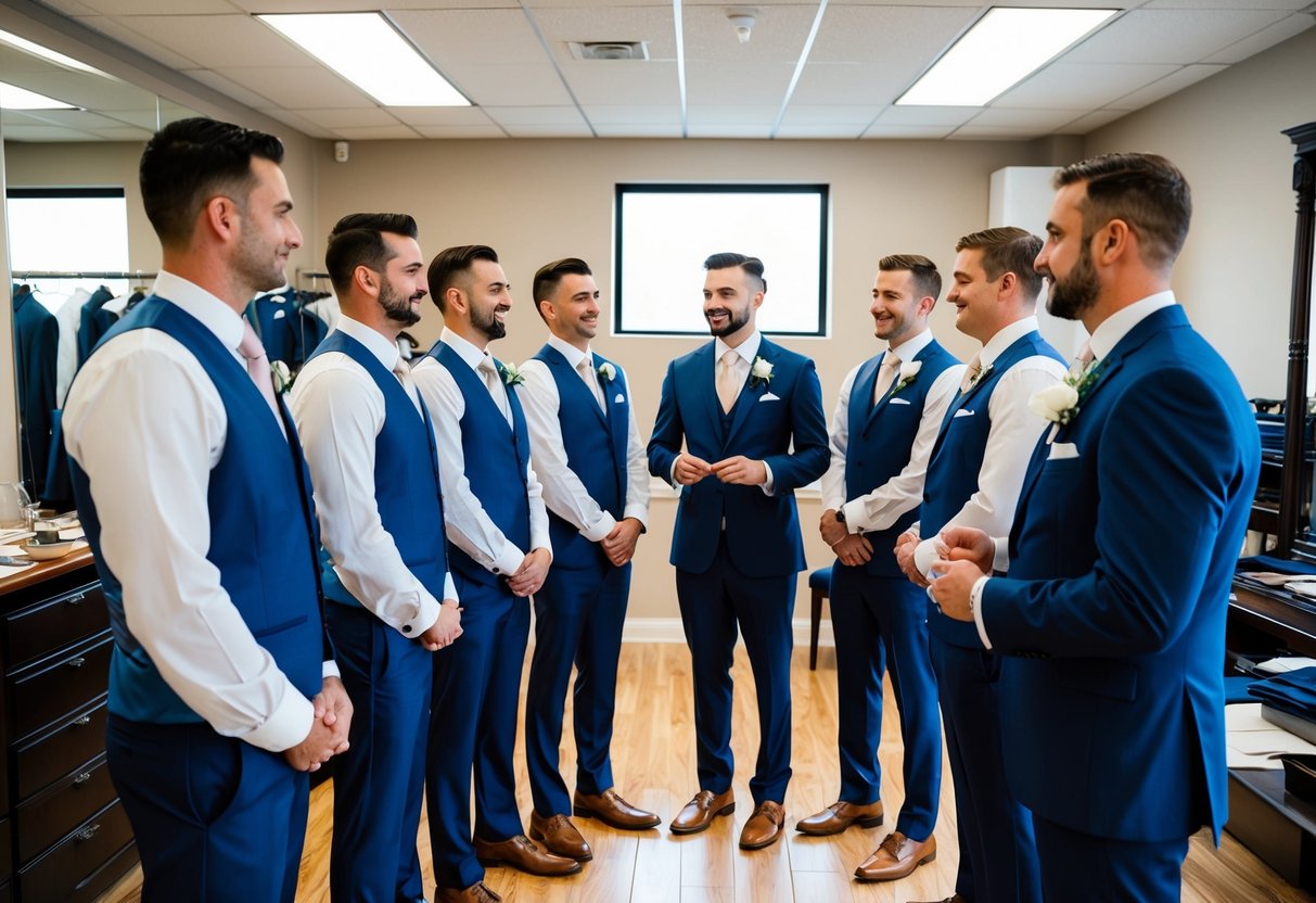 A group of groomsmen standing in a tailor shop, being fitted for their suits by a professional. The groom or his family may be present to discuss payment