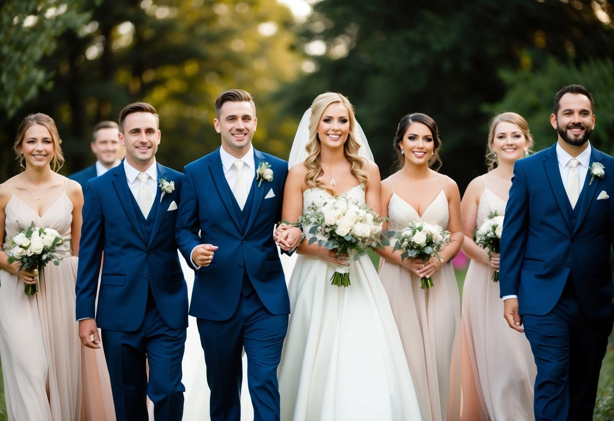 Groomsmen and bridesmaids walk in alternating pairs, leading the procession