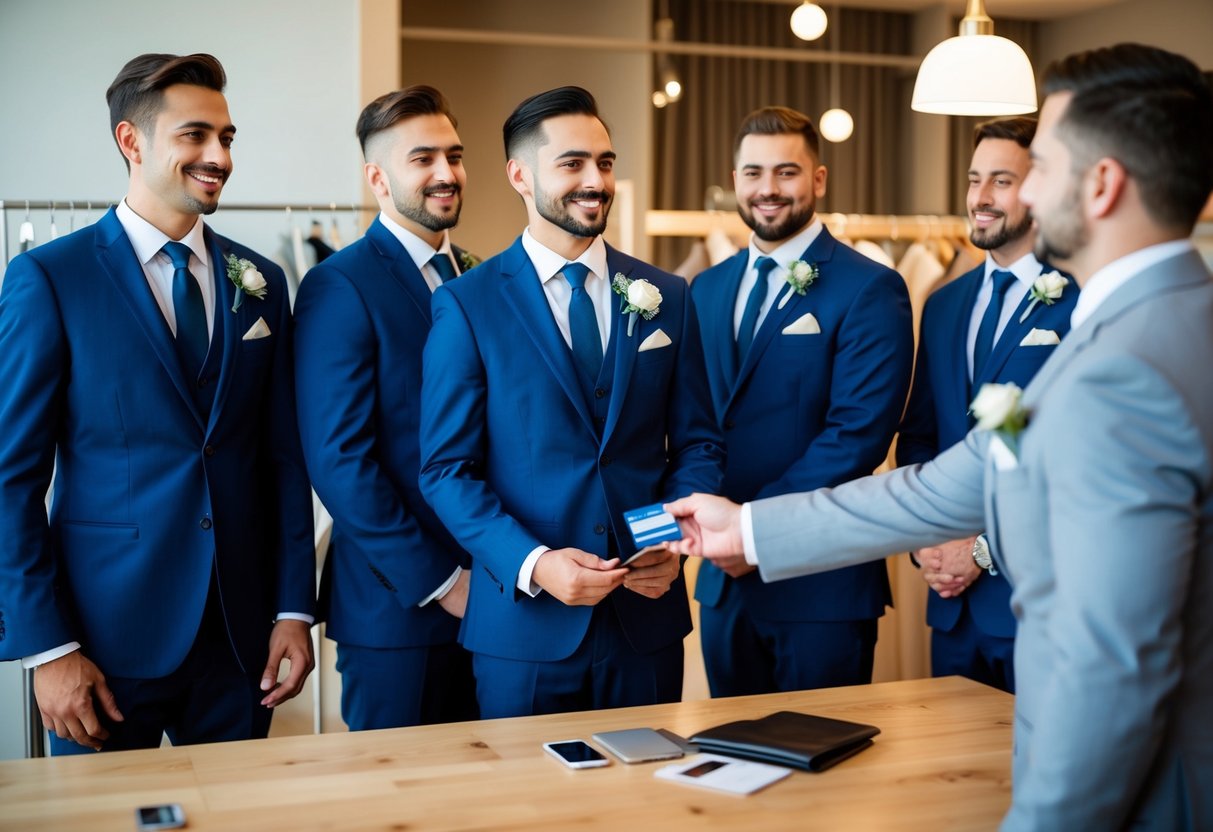 A group of groomsmen standing in a tailor shop, being measured for suits. A man in a suit hands over a credit card to pay for the expenses