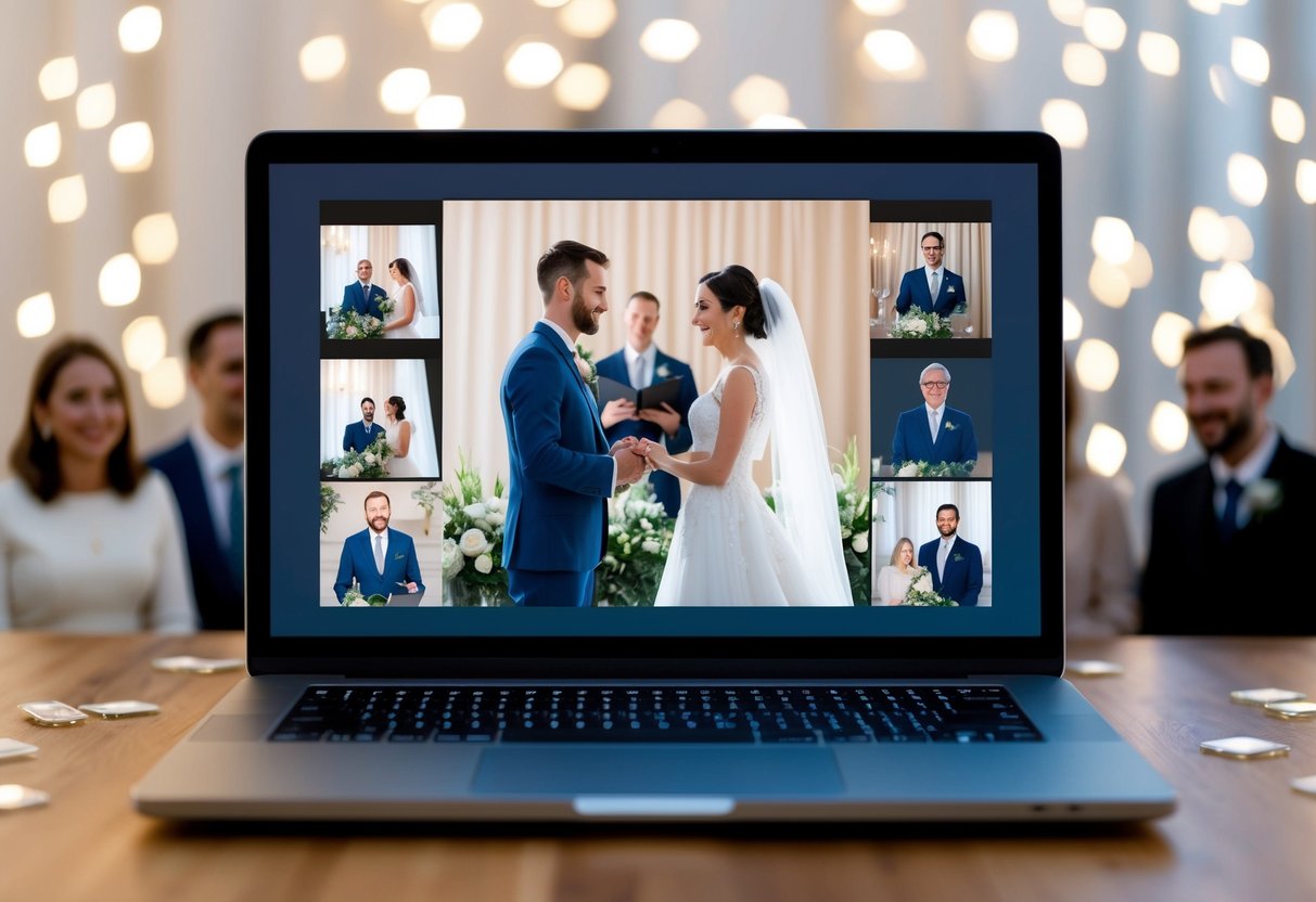 A laptop displaying a virtual wedding ceremony with a couple exchanging vows, surrounded by virtual guests on a video call