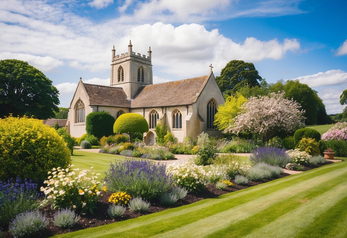 A picturesque English countryside with a charming old church and blooming gardens, setting the scene for a beautiful UK wedding