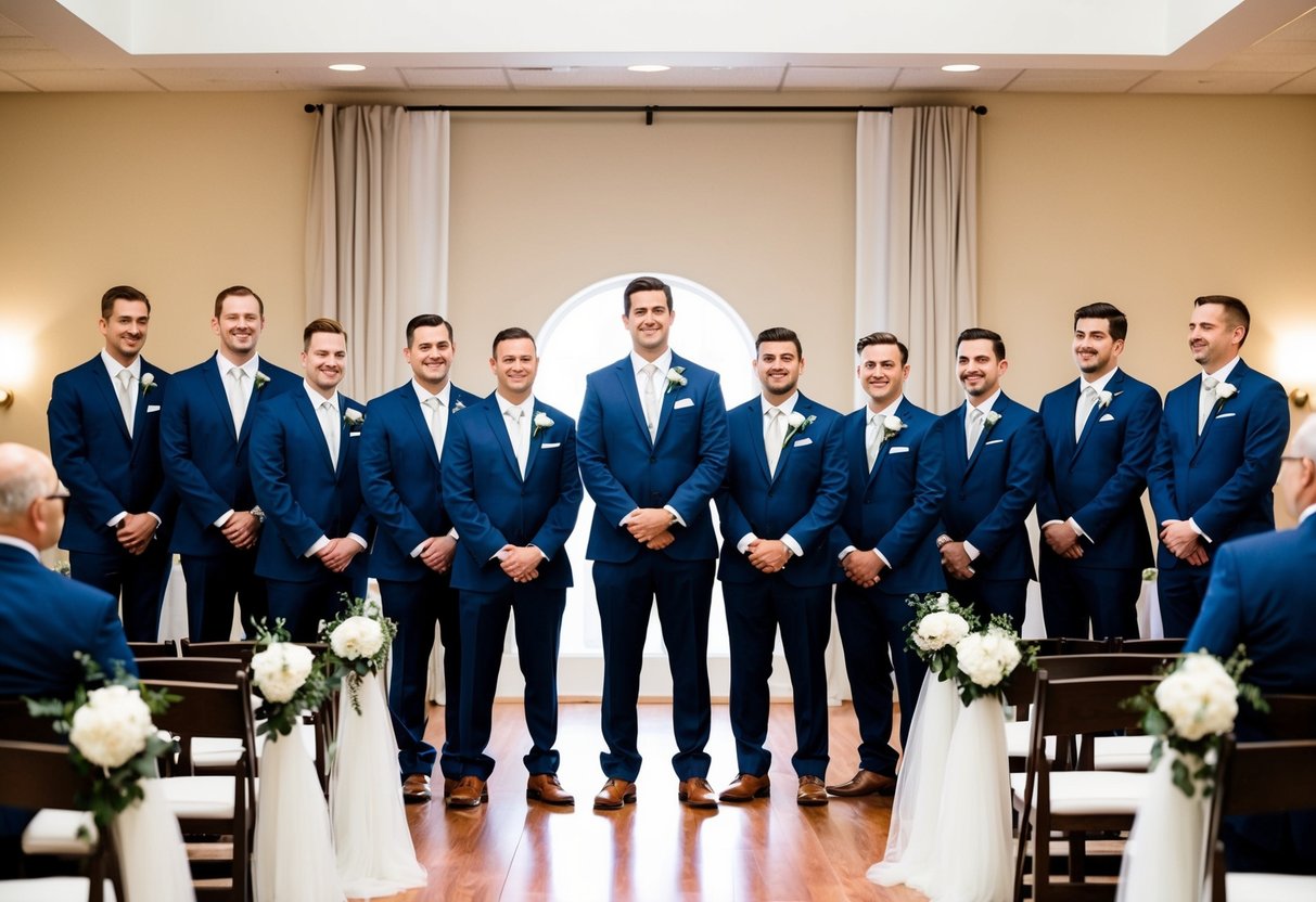 Groomsmen stand in a line at the front of the ceremony space, facing the aisle. They are positioned to the left of the groom, waiting for the processional to begin