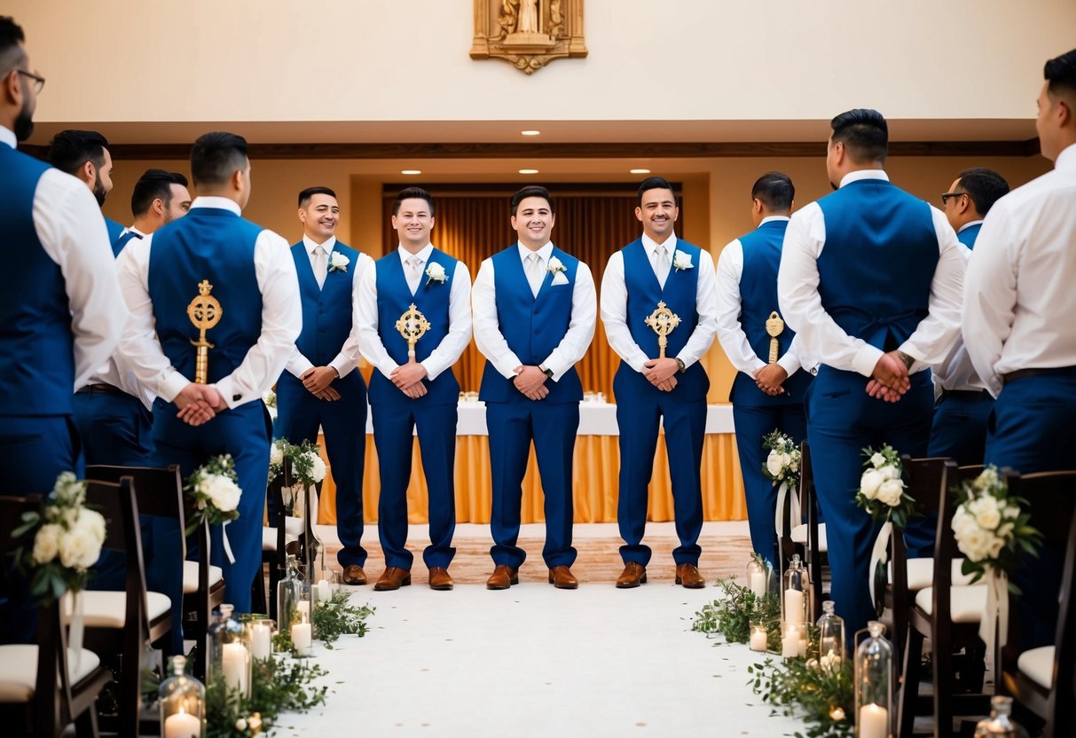 Groomsmen stand in a row, facing the ceremony. Each holds a symbol of cultural or religious significance, observing traditions