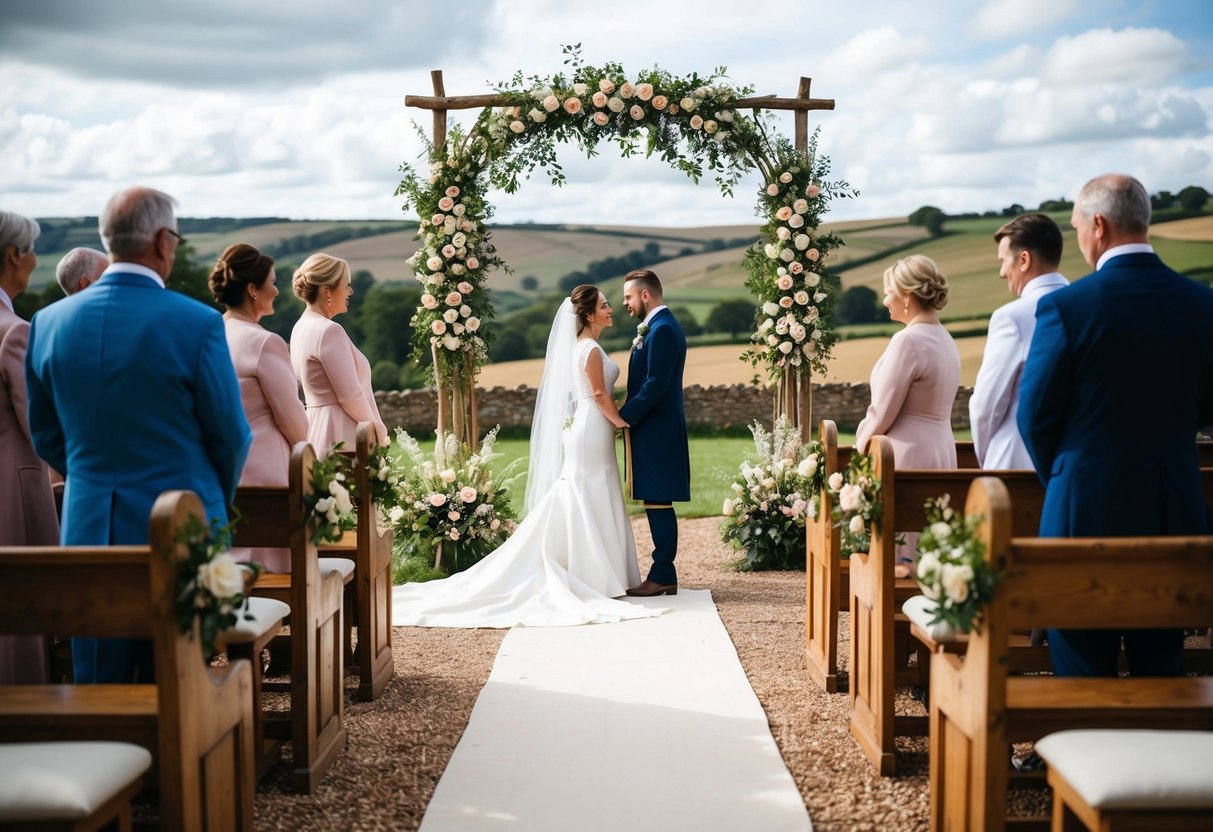 A traditional wedding ceremony in a rustic English countryside setting with a floral arch, wooden pews, and a picturesque view of rolling hills