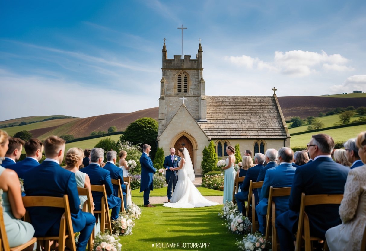 A serene outdoor wedding ceremony in the UK, with a picturesque backdrop of rolling hills and a charming stone church