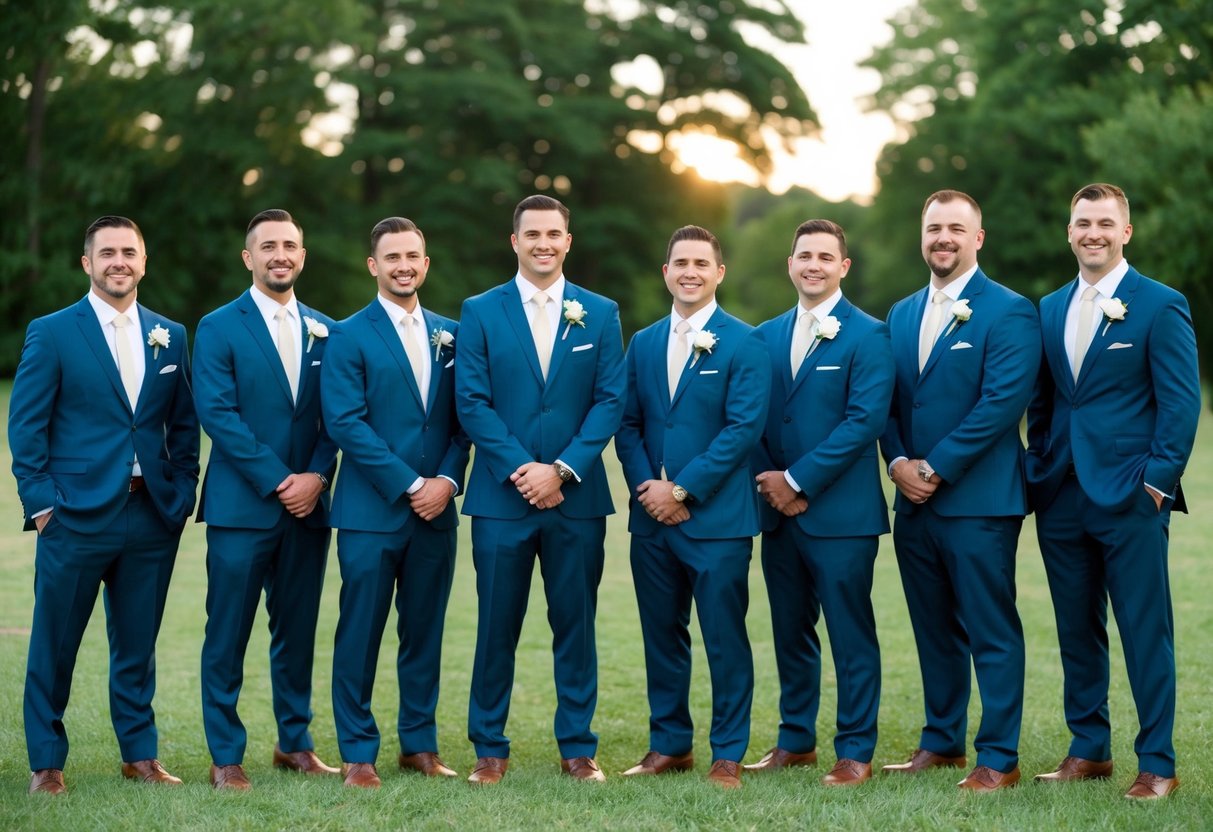 A group of well-dressed groomsmen stand together, each wearing a suit and tie, with boutonnieres pinned to their lapels