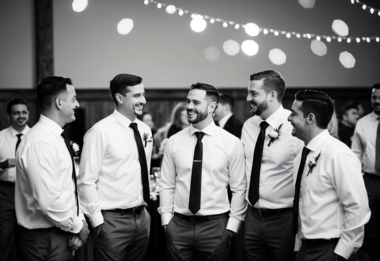 A group of groomsmen stand together, some married and some single, chatting and laughing at a wedding reception
