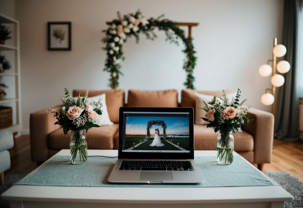 A cozy living room with a virtual wedding setup: a laptop on a table, floral decorations, soft lighting, and a wedding arch backdrop