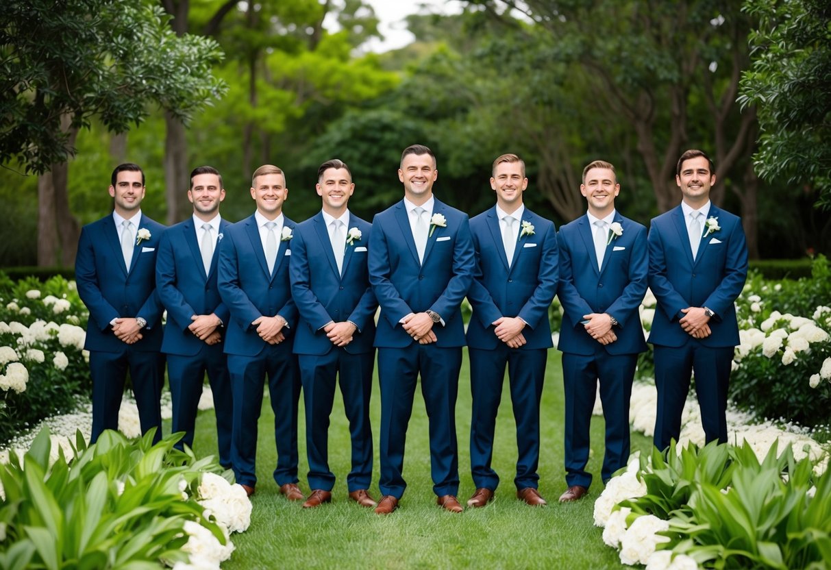 Groomsmen in navy blue suits stand in a row, surrounded by lush greenery and white flowers