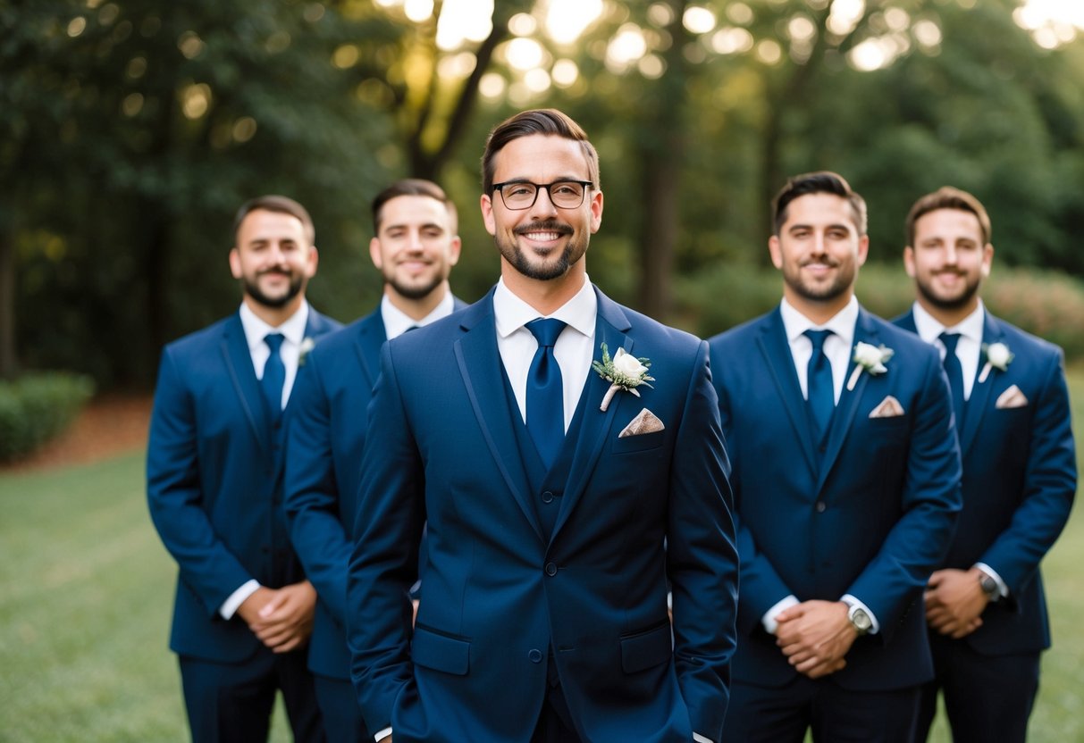Groomsmen in navy suits with matching ties and pocket squares