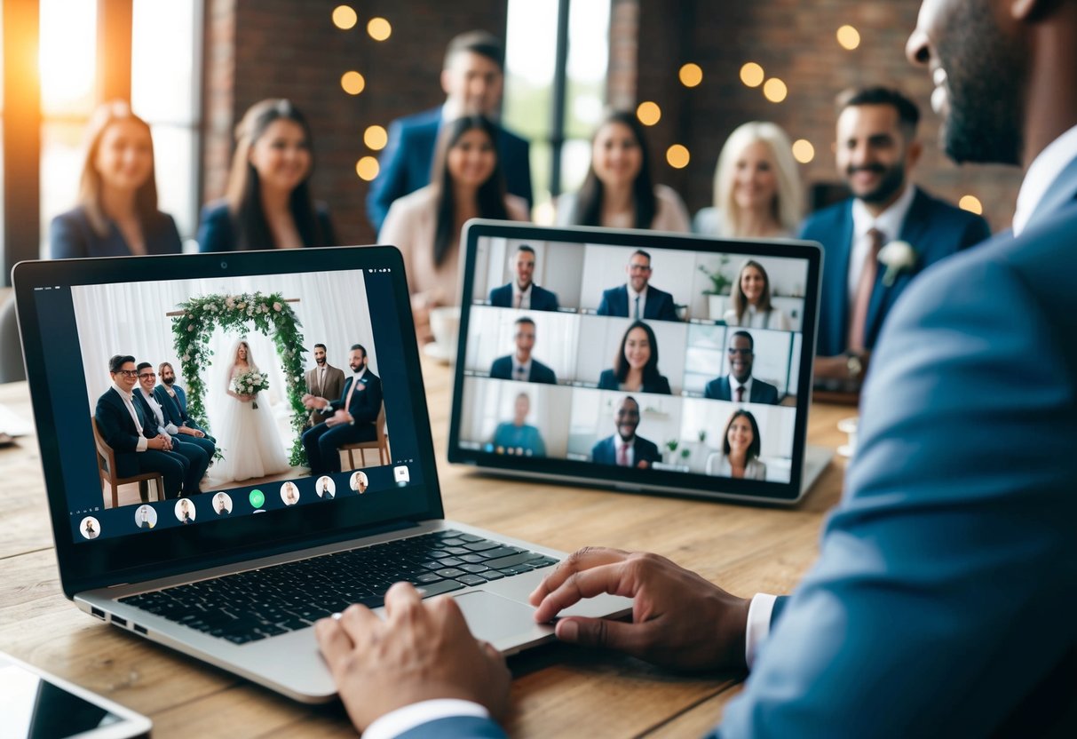 A laptop with a wedding backdrop displayed on the screen, surrounded by virtual attendees on a video call, with a celebratory atmosphere