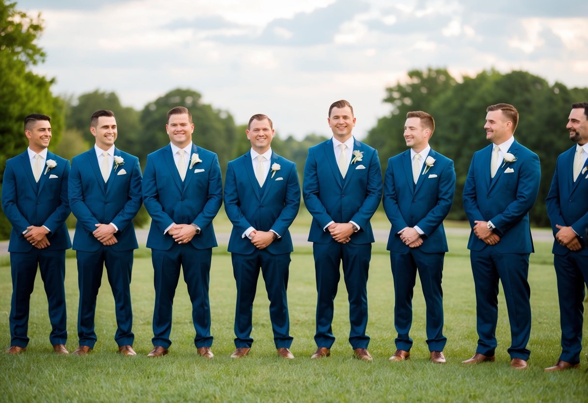 A group of groomsmen standing in a line, dressed in matching suits, waiting for the wedding ceremony to begin