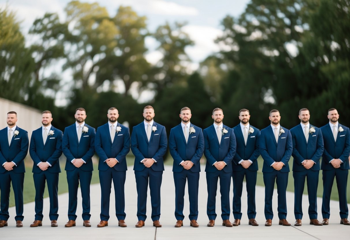 A lineup of identical figures, each dressed in a suit, standing in a row with varying numbers of figures to represent different options for the number of groomsmen