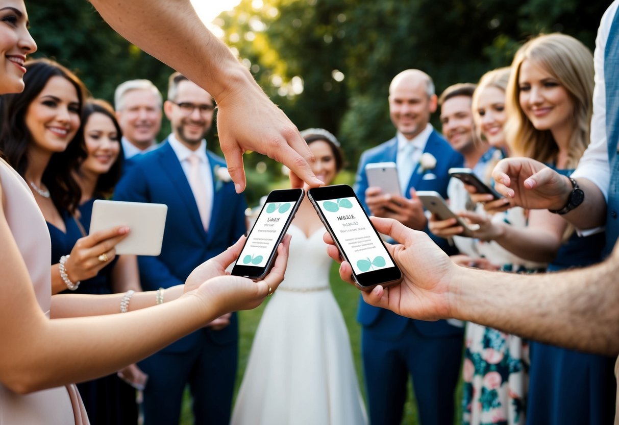 A couple stands hand in hand, surrounded by friends and family, as they receive digital wedding invitations on their smartphones