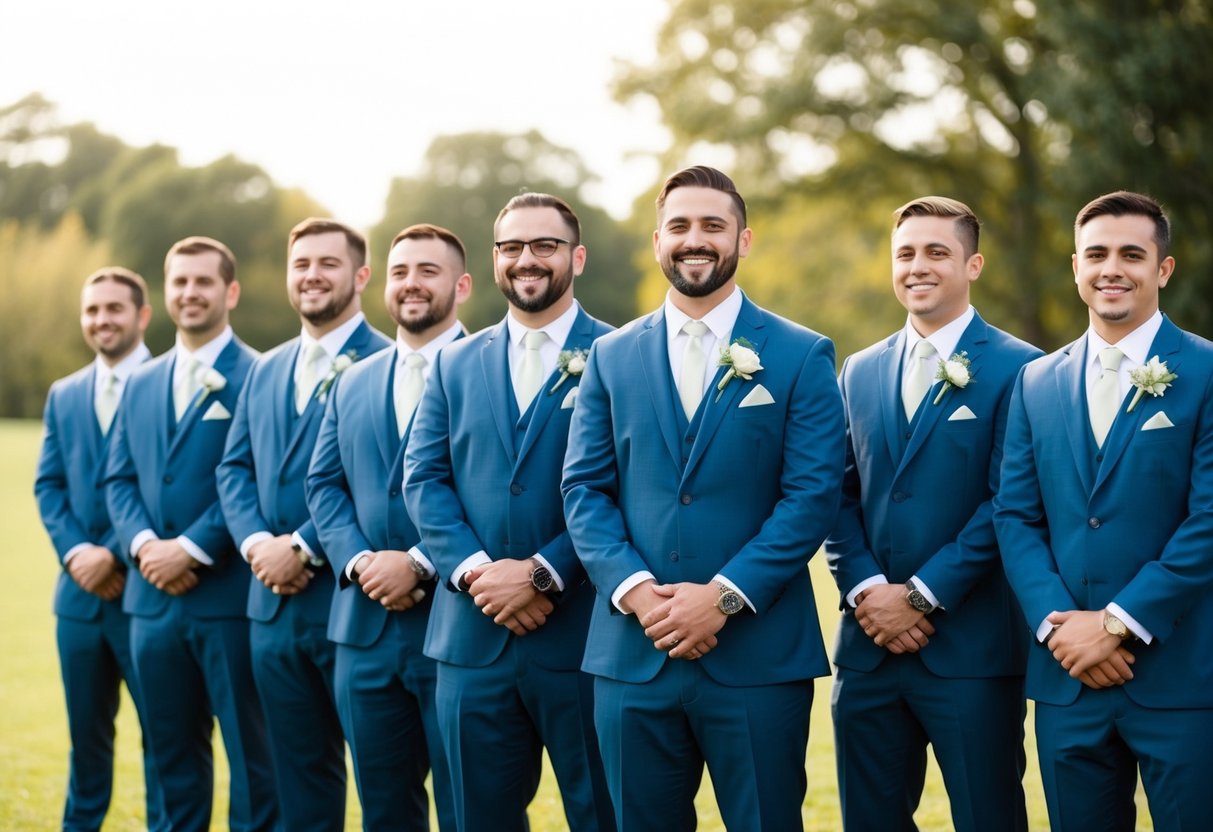A group of groomsmen standing in a line, dressed in matching suits, holding boutonnieres and smiling