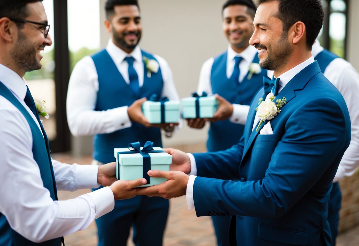 A groom handing over a set of personalized gifts to his groomsmen, with a smile on his face and a sense of appreciation