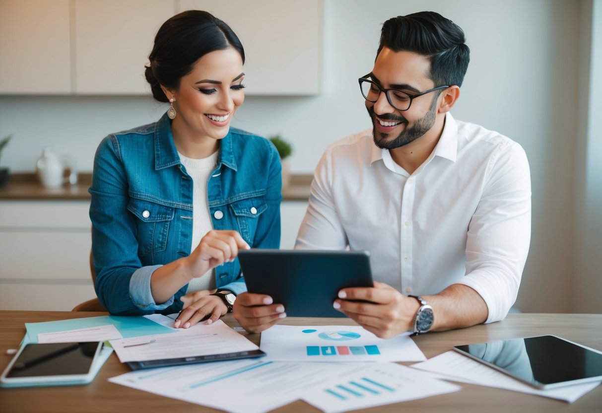 A couple sits at a table, surrounded by wedding planning materials. They hold a tablet, discussing e-vite options with excitement