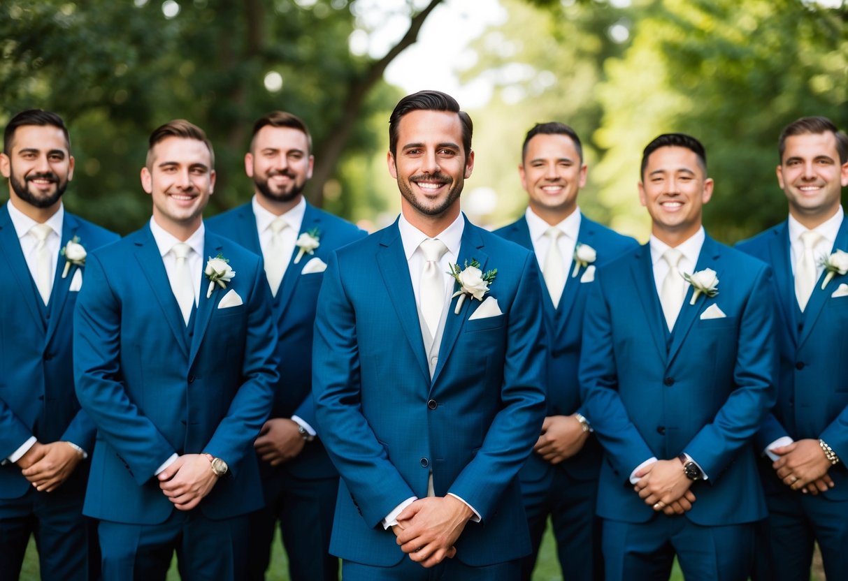 A groom standing in front of a group of groomsmen, each holding a boutonniere and smiling