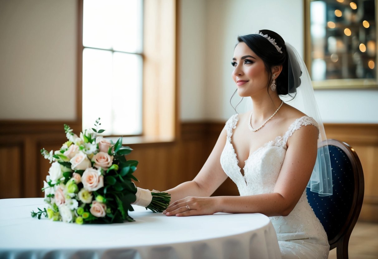 A bride sits on the left side of a table, with a bouquet of flowers in front of her