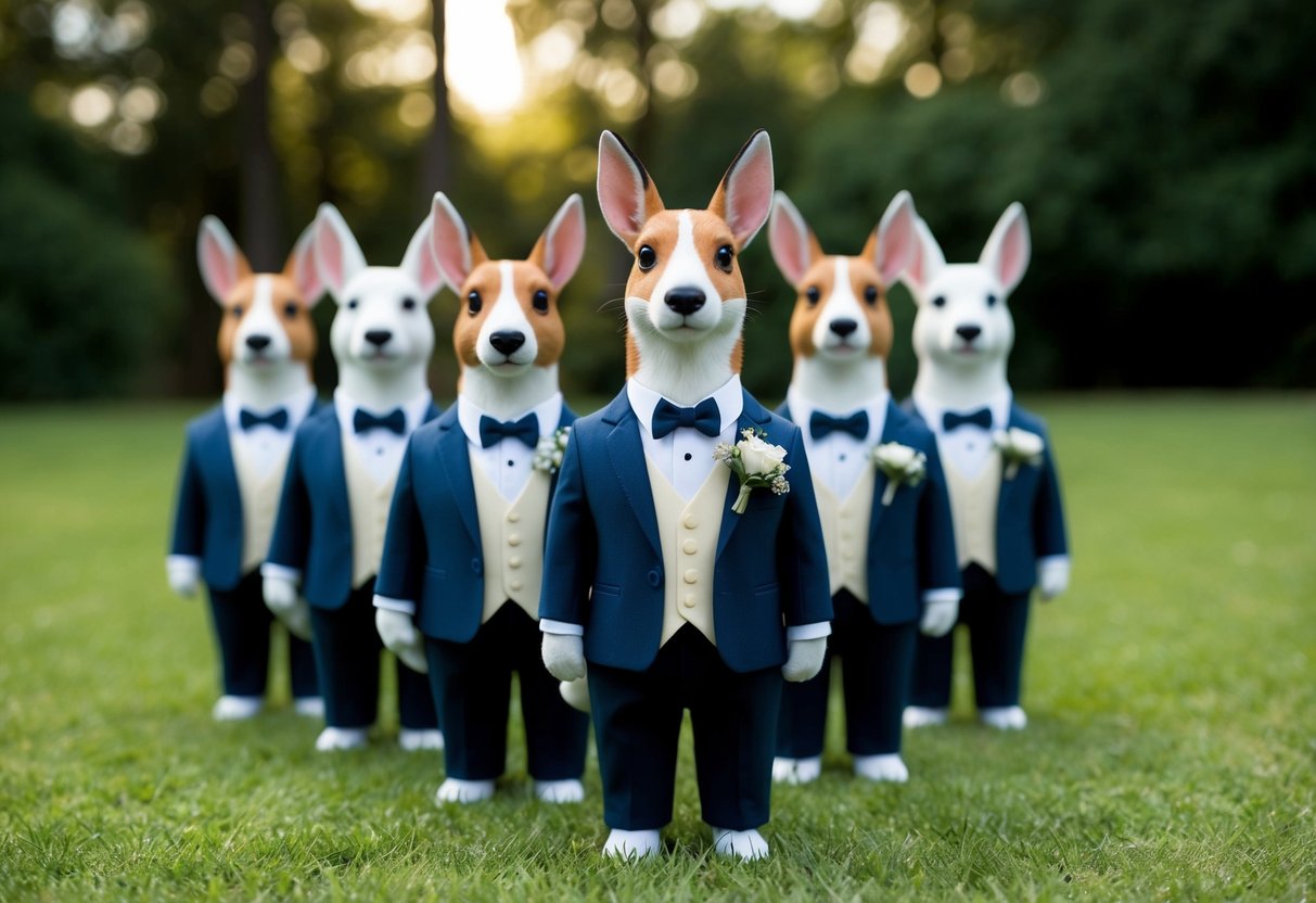 A group of stylized animals standing in a row, each wearing a formal suit and holding a bouquet or boutonniere