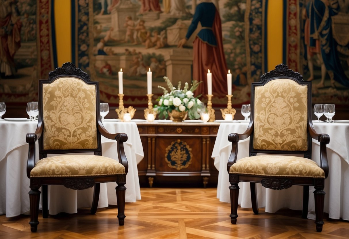 A regal banquet hall with two ornate chairs, one on the left and one on the right, set against a backdrop of historical tapestries and elegant decor