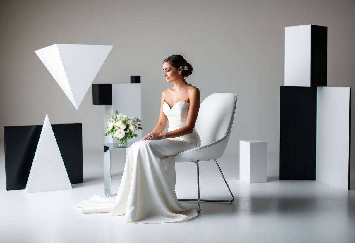 A modern bride sits on a sleek, minimalist chair, surrounded by contemporary decor and geometric shapes