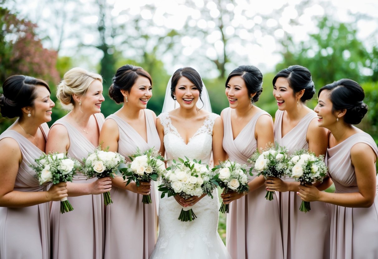 A group of bridesmaids stand in a circle, offering support to a bride in the center. They are smiling and chatting, holding bouquets and wearing matching dresses