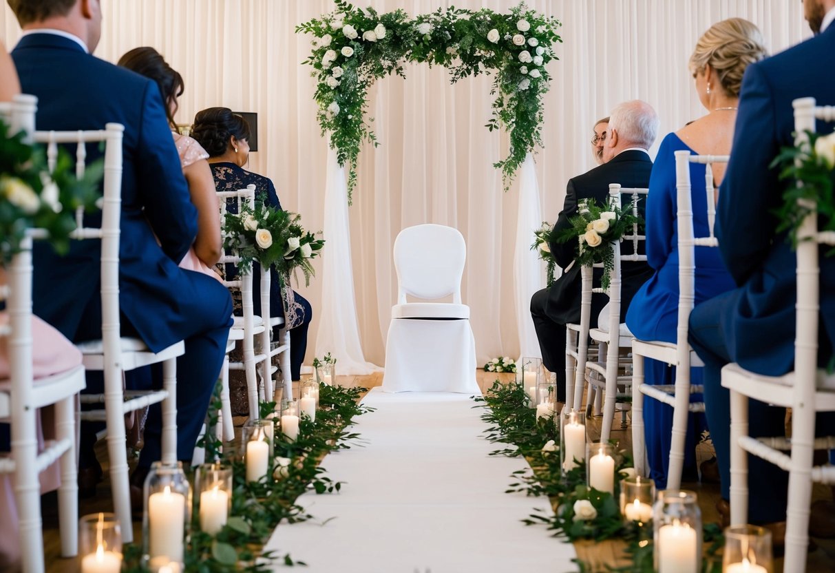 A wedding ceremony setup with an empty chair for the bride on the right side of the aisle