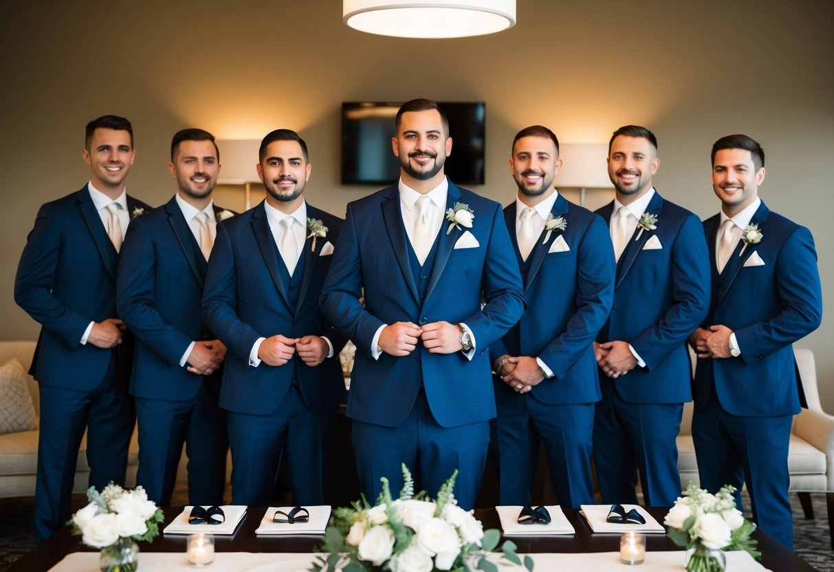 A group of groomsmen standing together, holding their suits and ties, with a table in the background filled with pre-wedding preparations such as cufflinks and boutonnieres