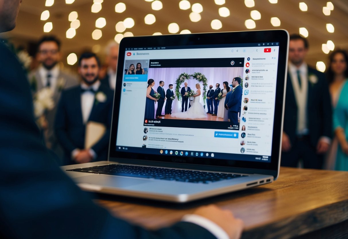 A laptop displaying a wedding ceremony on a YouTube livestream, with virtual guests interacting in the chat