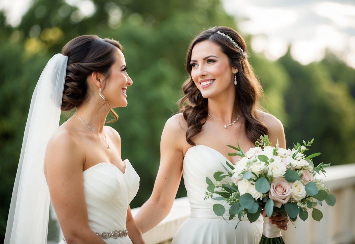 A woman in a flowing dress stands beside a bride, holding a bouquet and smiling