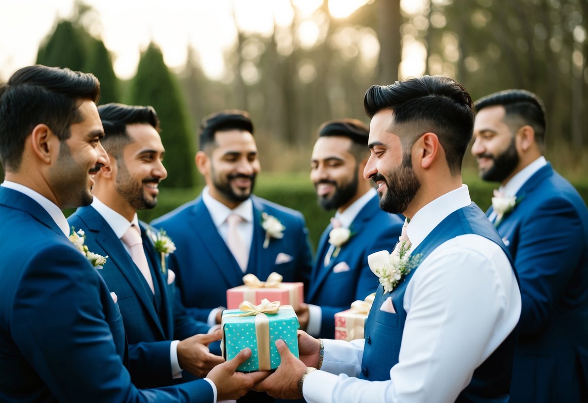 Groomsmen receiving gifts at a pre-wedding gathering