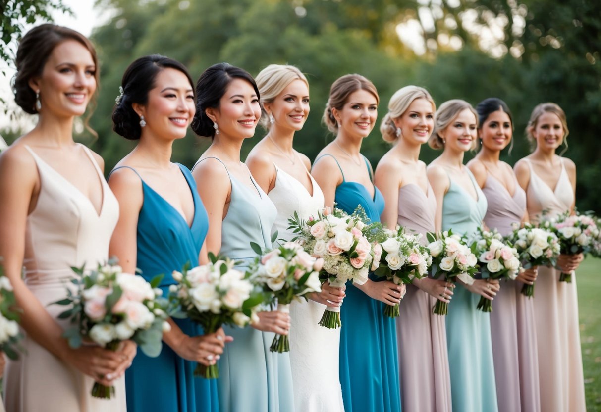 A group of elegantly dressed women stand in a line, holding bouquets and smiling. One woman stands out with a different colored bouquet, indicating her status as a married bridesmaid